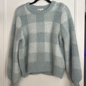 Blue fuzzy plaid sweater